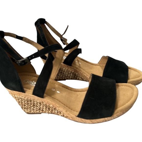 GABOR BLACK SUEDE Sandal Raffia Wedge Size UK 8 US 10-10.5 NWOB - Picture 2 of 9